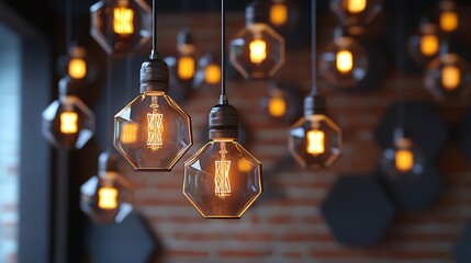 geometric industrial lighting decor with hexagonal patterns lightbulb installation abstract concept creative design inspiration interior architecture and modern visual style