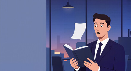 Surprised businessman reading a book in an office setting