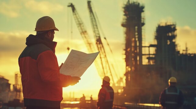Wide shot of foreman holding plans, discussing with workers near a massive crane structure in soft focus