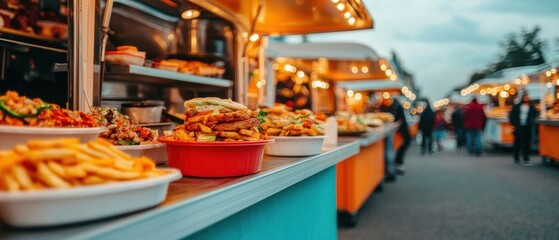Fototapeta premium Food Truck Festival, Vibrant food stalls offer a variety of dishes at an outdoor market during sunset.