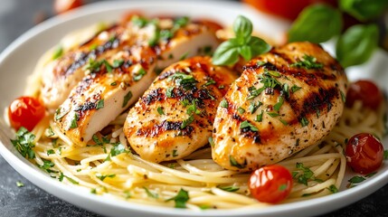 Delicious Grilled Chicken with Spaghetti and Fresh Basil Garnish for Cooking Inspiration