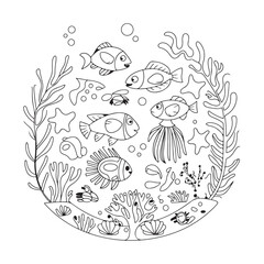 A whimsical underwater scene with cartoon fish and sea creatures in a black-and-white line art coloring book style