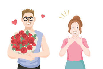 Romantic Surprise with a Man Presenting a Bouquet of Red Roses to a Delighted Woman