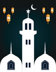 Islamic Festival Eid, mosque illustration with crescent moon and Islamic lanterns illustration