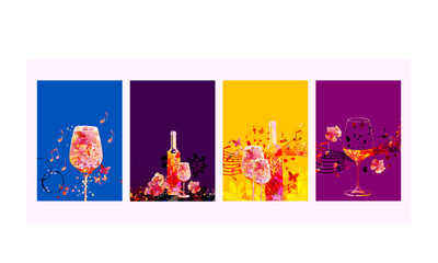 Beautiful wine glass with grapes and grapevine leaf. Colorful goblet for alcoholic beverage. Glogg liquor for celebrations, special occasions. Vino fairs and degustation events. Vector illustration