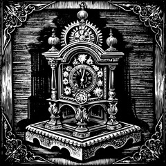 Fototapeta premium A black and white drawing of a clock with a white face and hands