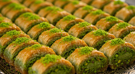 Delicious pistachio baklava sweet pastry dessert treat food rich rows on transparent background
