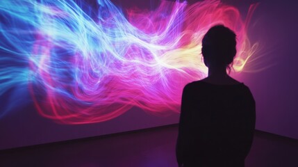 Woman observing projected swirling light art in dark gallery