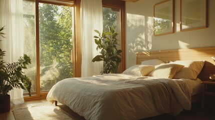A bright and airy bedroom with large windows and plants