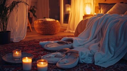 A cozy bedroom setting with warm lighting and comfortable ambiance