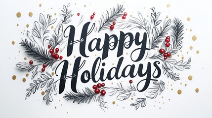 Happy Holidays lettering calligraphy design with festive foliage and berries. AI generated