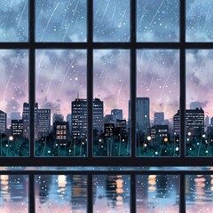 Rainy Cityscape View from Window: A Serene Evening in the Metropolis