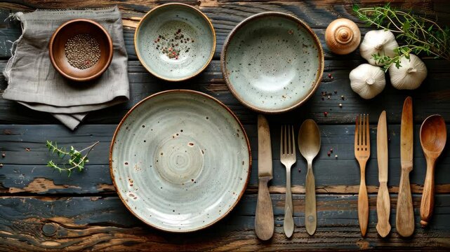 Tableware is beautifully arranged on a rustic wooden table with herbs and garlic adding a touch of freshness to the setting