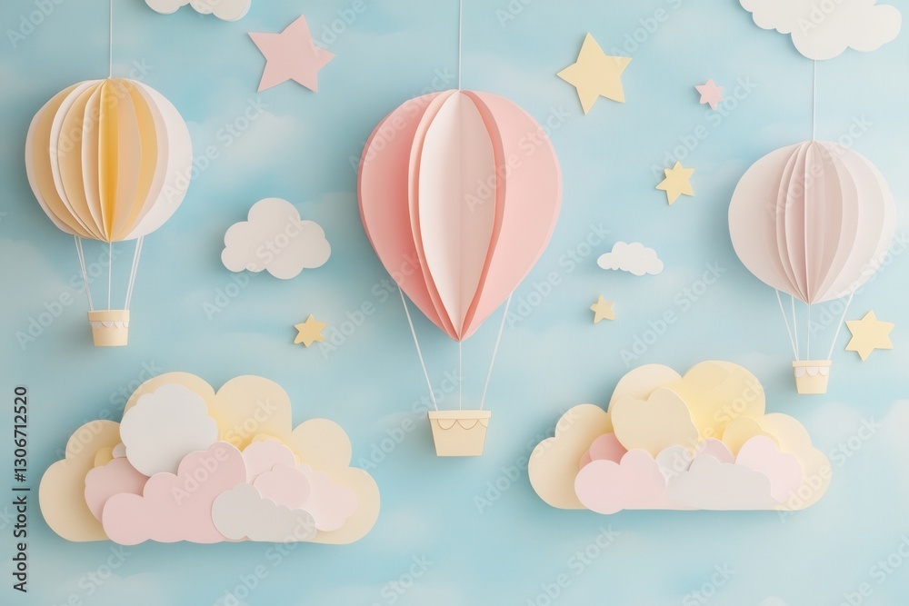 Poster Charming paper art background featuring whimsical hot air balloons and pastel clouds in a dreamy setting Generative AI