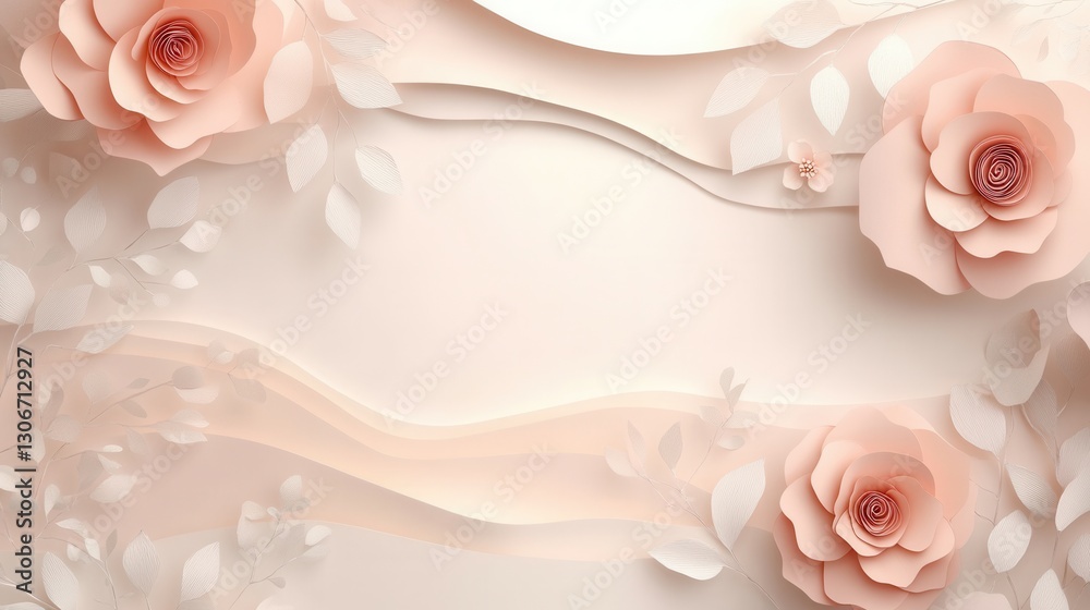 Poster delicate paper art background with elegant pastel flowers and wavy layers for creative designs gener