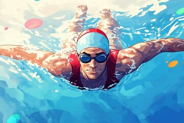 Dynamic swimmer breaks through waves in vibrant colors.