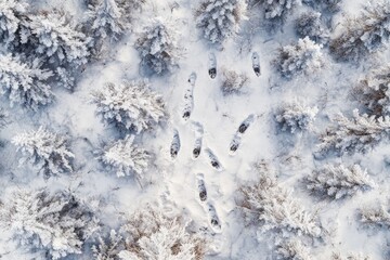 Fototapeta premium snow-covered pine forest, dotted with animal tracks and icicle-draped branches