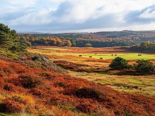 Naklejka premium vast moorland with roaming deer, taken during the peak of autumn, where leaves are showing vibrant colors of red and orange