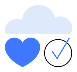 Soft cloud, blue heart, and checkmark within a circle symbolizing digital connection, compassion, and success. Ideal for tech, healthcare, wellness, productivity trust networking achievements