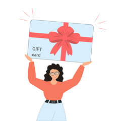 Happy woman holding gift card, receiving present, shopping concept, flat vector illustration