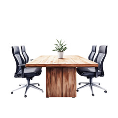 Wooden Conference Table Surrounded by Black Leather Chairs with Potted Plant
