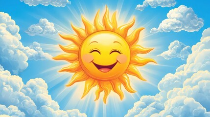 Cheerful cartoon sun with a smiley face surrounded by fluffy clouds