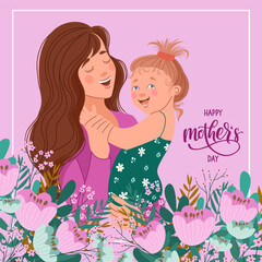 Square banner with a woman and a daughter for Mothers Day . Vector illustration