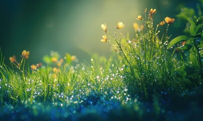 Fototapeta premium Juicy lush green grass on meadow with drops of water dew sparkle in morning light, spring summer outdoors close-up, copy space