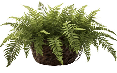 A decorative fern with feather-like fronds in a hanging basket, isolated on a empty plain background
