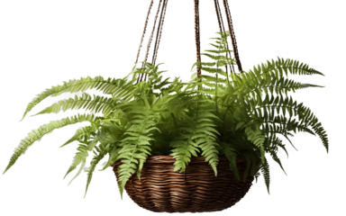 A decorative fern with feather-like fronds in a hanging basket, isolated on a empty plain background