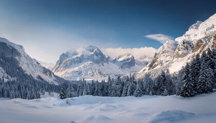 雪に覆われた広大な原野と、そびえる山々が静かに共鳴する壮大なシーン
