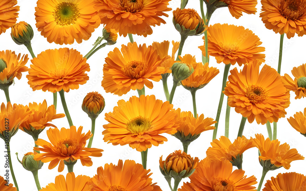 Poster a flowering calendula with bright orange-yellow blooms, isolated on a empty plain background