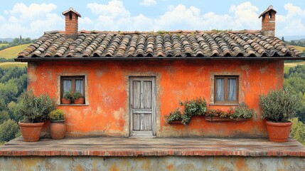 Tuscan orange cottage, hillside view, potted plants, rustic charm