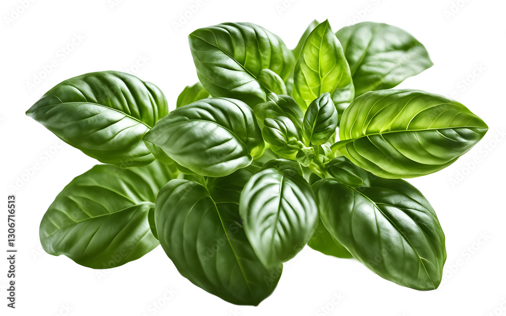 Poster a fresh green basil plant with aromatic leaves, isolated on a empty plain background