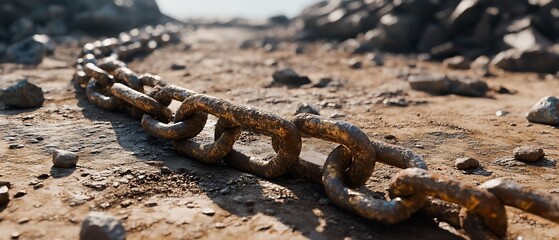Rusty chain on rocky ground, sunlit, outdoor setting, construction background