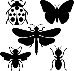 Simple Black Silhouettes of Ladybird, Butterfly, Dragonfly, Bee, and Ant