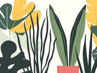 Obraz premium Bold geometric pattern featuring various houseplants in vibrant colors. design showcases tropical leaves and modern aesthetic, perfect for home decor or botanical themes