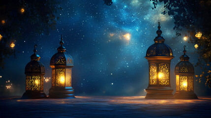 Fototapeta premium Ramadan lanterns glowing under a starry night sky
