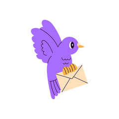 Flying Postal Dove holding Envelope. Postage courier pigeon with wings and paper letter. Message delivery bird. Hand drawn flat vector illustration