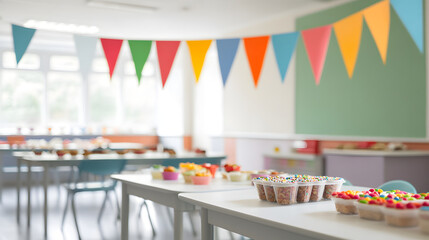 festive classroom party with colorful decorations and variety of treats. vibrant atmosphere is perfect for celebrating teacher appreciation, creating joyful environment for students