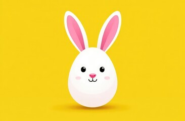 Obraz premium Festive Easter horizontal flyer, banner, header for website with white cracked egg and banny ears on a yellow background. Trendy Easter design with egg, bunny. Greeting card with text Happy Easter 