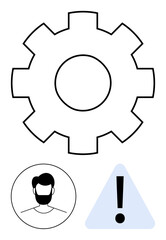Gearwheel symbolizing processes, user avatar for person representation, and triangle with exclamation suggesting alerts. Ideal for system automation, user roles, warning notices, process
