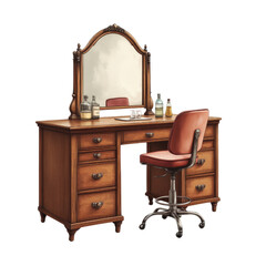 Wooden Vanity with Arched Mirror and Reddish-Orange Swivel Chair