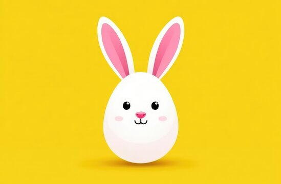 Festive Easter horizontal flyer, banner, header for website with white cracked egg and banny ears on a yellow background. Trendy Easter design with egg, bunny. Greeting card with text Happy Easter 