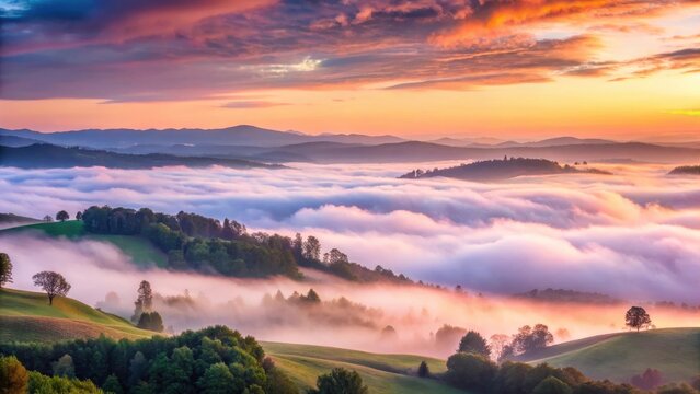 Soft pink clouds glow at dawn over a serene landscape with rolling hills and misty valleys