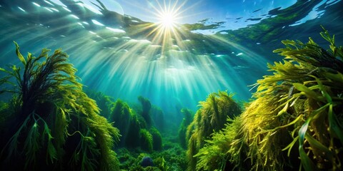 Dark green seaweed swaying in the ocean current, with sunlight filtering down from above through the waves , ocean