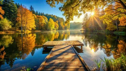 Wooden dock on an autumn lake surrounded by tall trees and lush greenery, with sunlight filtering through the leaves, creating a warm and inviting atmosphere, peaceful atmosphere, rustic charm