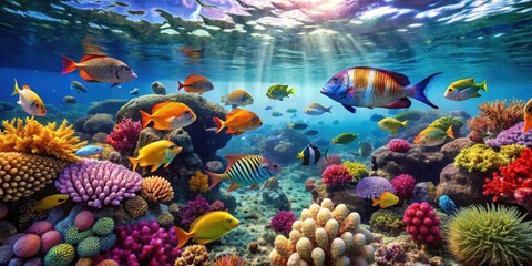 Vibrant coral reef teeming with exotic fish species amidst crystal-clear waters