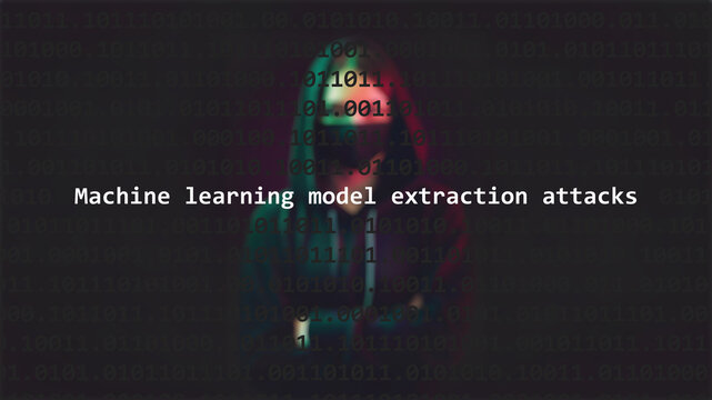 Cyber attack machine learning model extraction attacks text in foreground screen, hacker hidden with hoodie in the blurred background. Vulnerability text in binary system code on editor program.