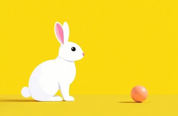 Obraz premium Festive Easter horizontal flyer, banner, header for website with white cracked egg and banny ears on a yellow background. Trendy Easter design with egg, bunny. Greeting card with text Happy Easter 